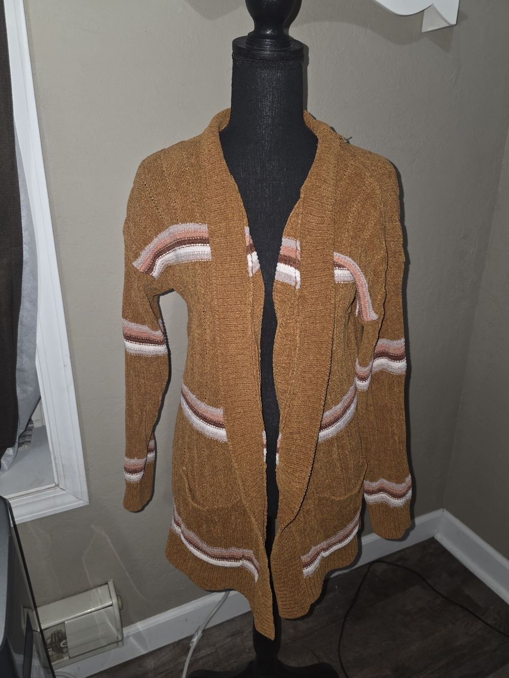Pink Rose Womens Open Front Mustard Stripe Cardigan Sweater